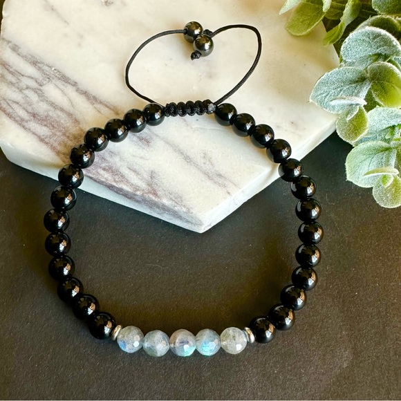 Labradorite Bracelet black tourmaline adjustable macrame - Picture 3 of 6